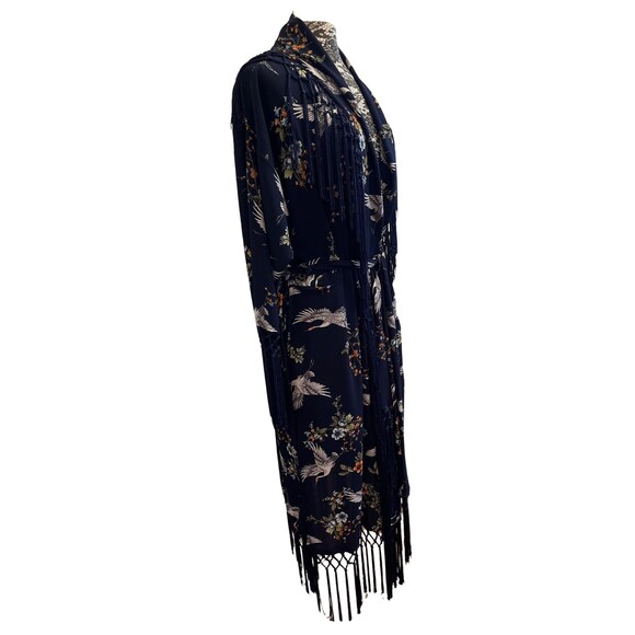 Jennafer Grace Kimono Robe Designer Handmade Blue Cranes Floral Fringe Boho S M - Picture 6 of 15
